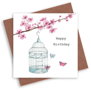 Birdcage and Butterflies Happy Birthday Card