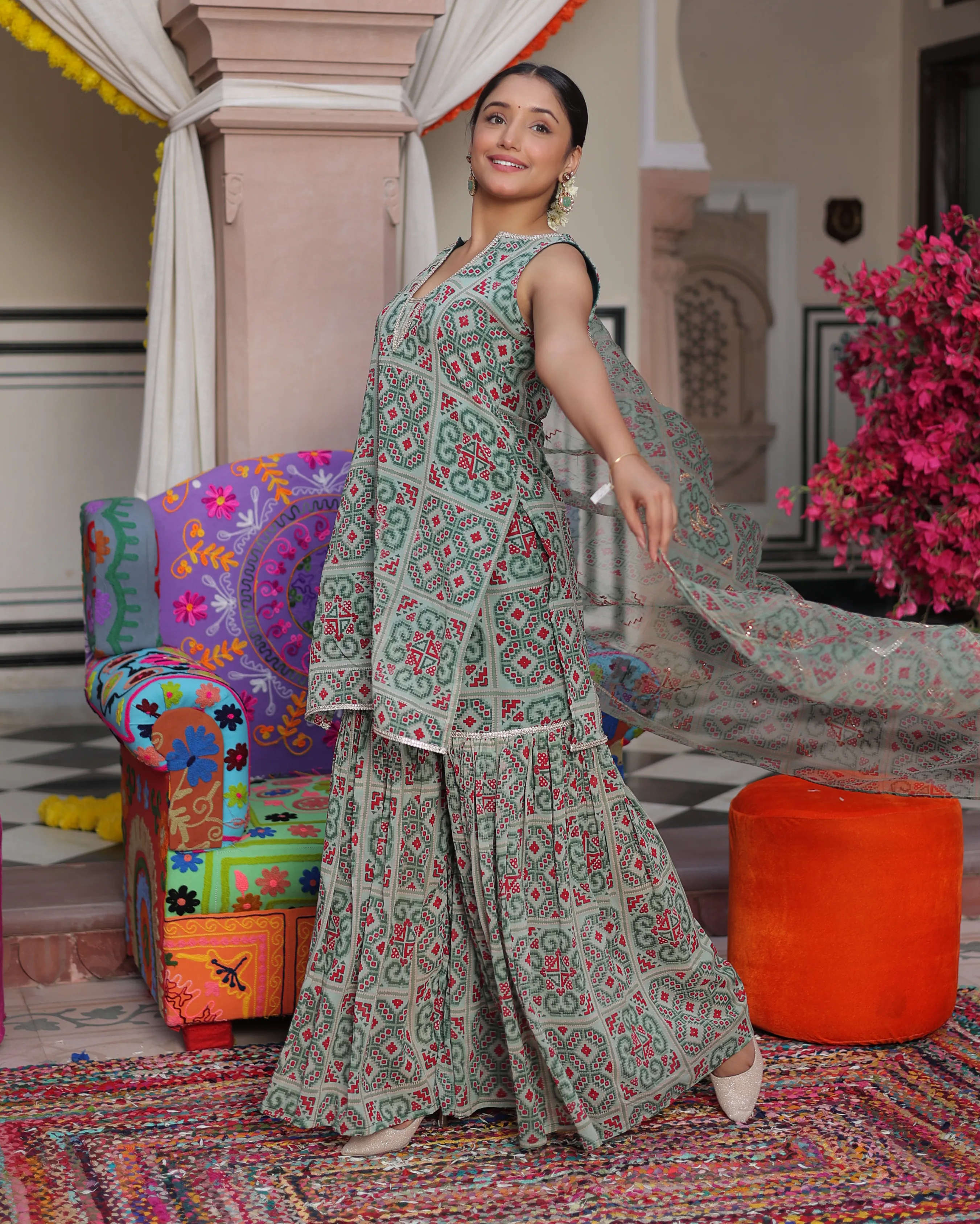 Mint Breeze Printed Georgette Sharara Set