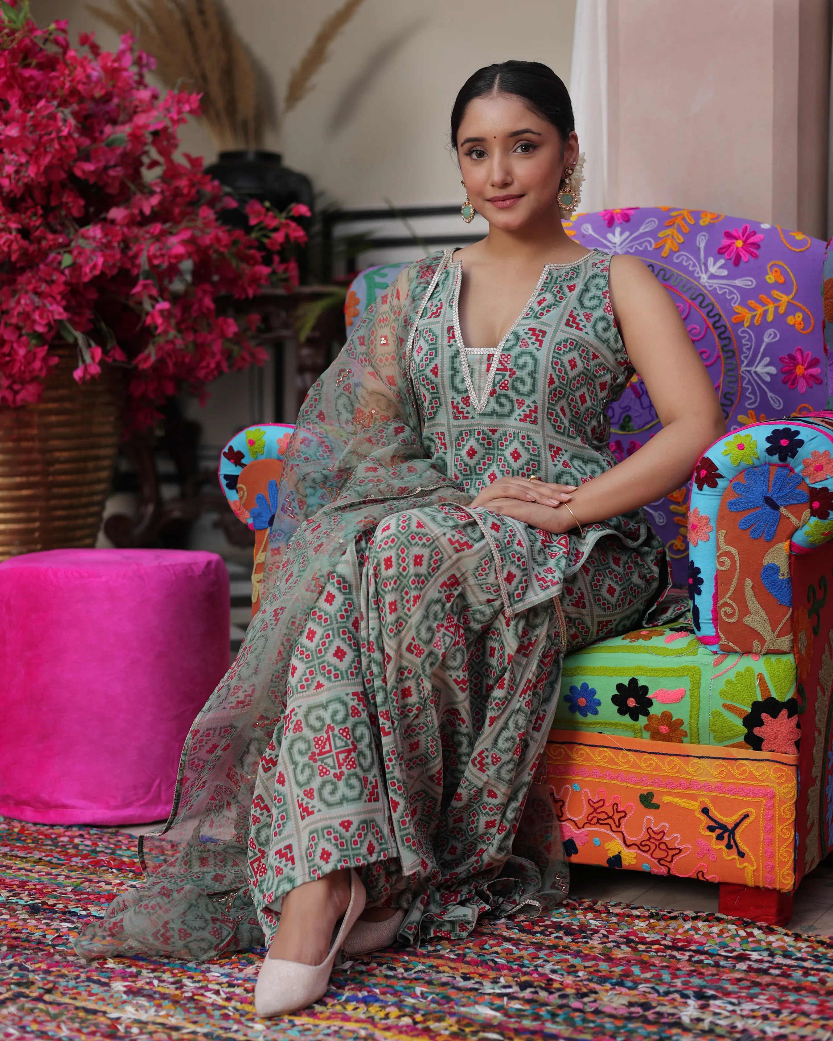 Mint Breeze Printed Georgette Sharara Set