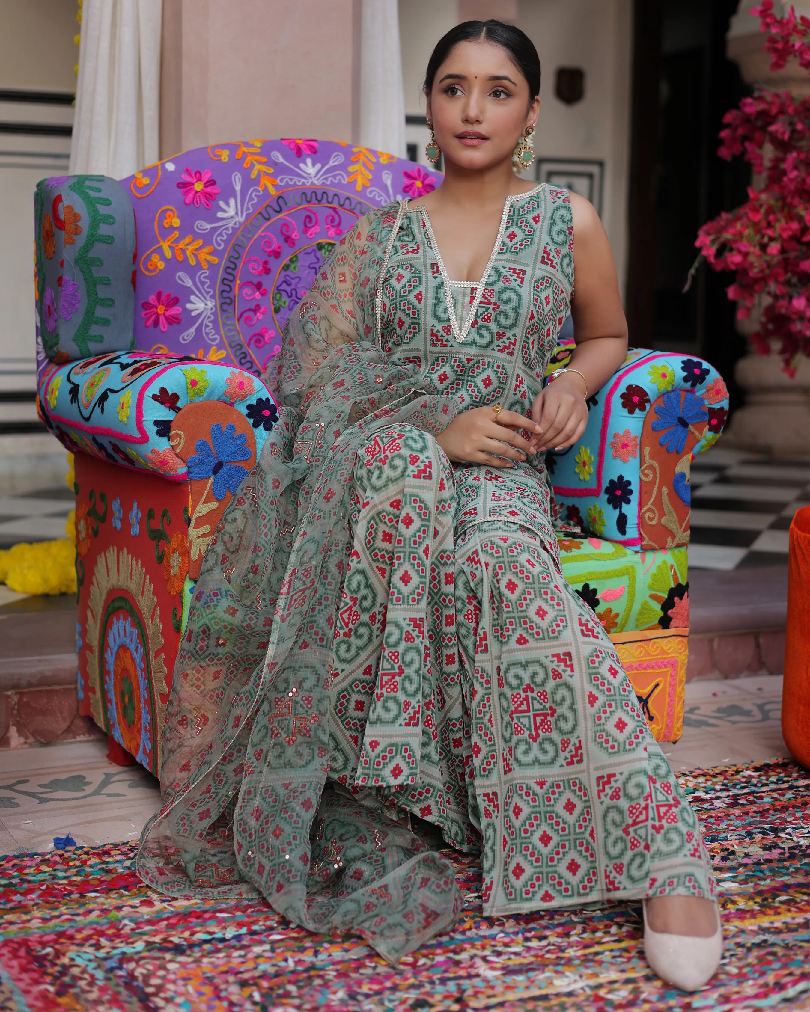 Mint Breeze Printed Georgette Sharara Set